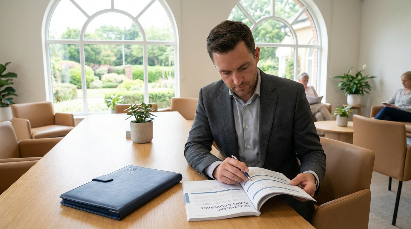 Two people in business attire review a document together in a modern office conference room with floor-to-ceiling windows.