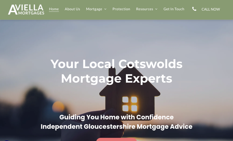 Aviella Mortgages website hero section showing a hand holding a house cutout against a sunset, with text overlays.