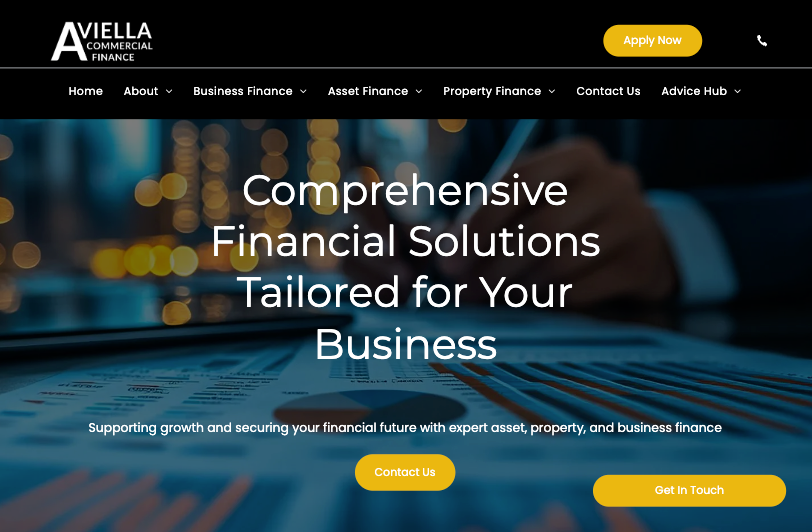 Aviella Commercial Finance website homepage featuring financial document overlays, navigation and call-to-action buttons.