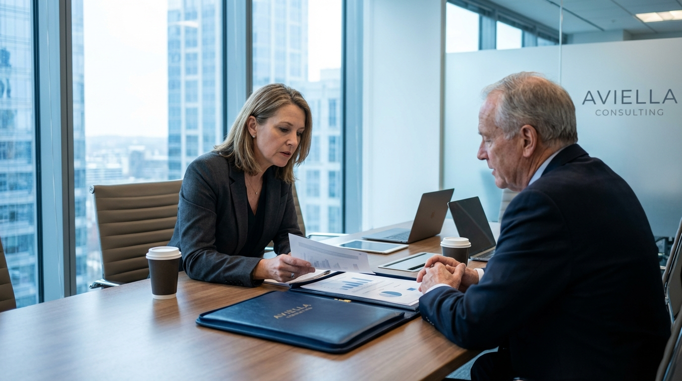 Two professionals in suits discuss documents at a conference table in an office overlooking a city.