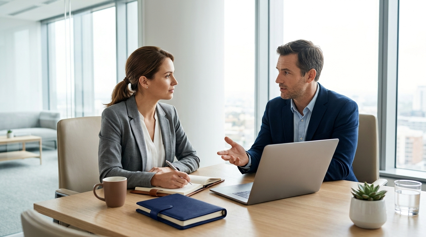 Two professionals in business attire collaborate at a modern office table with a laptop, notebooks, and coffee.