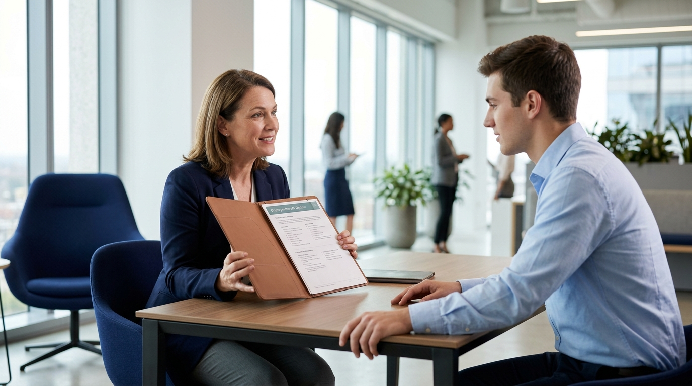 Two professionals sit at a table in a bright office, with one showing a document to the other during a meeting.