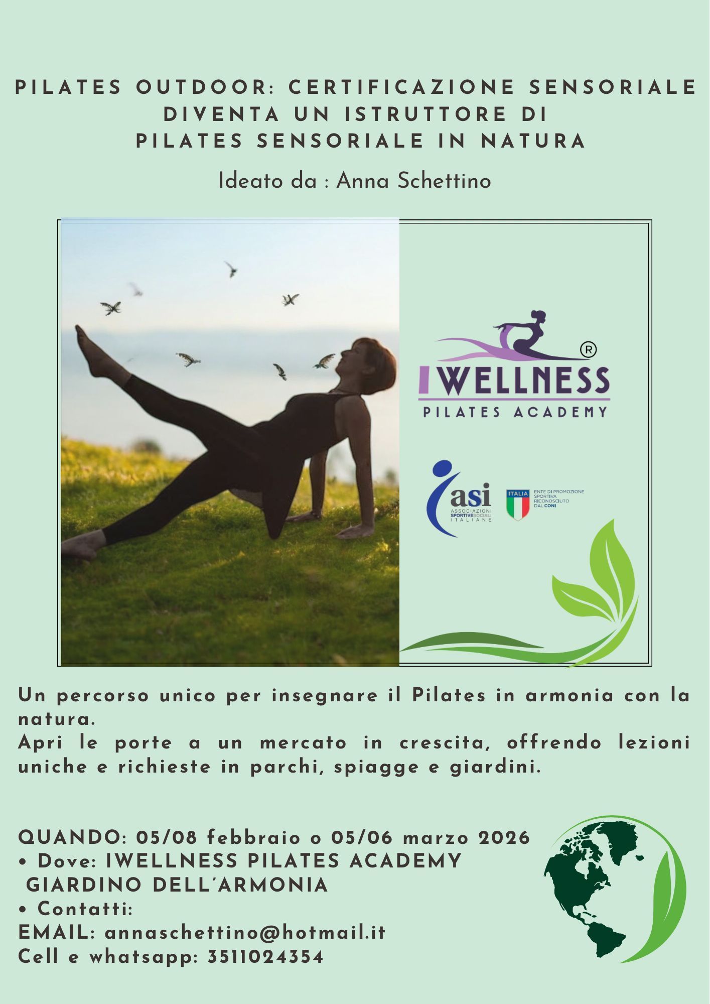 Certificazione Pilates all'aperto: donna che pratica Pilates sull'erba. Dettagli dell'evento per I Wellness Pilates Academy.