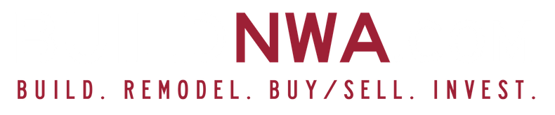 A red and white logo that says nwa build remodel buy sell invest