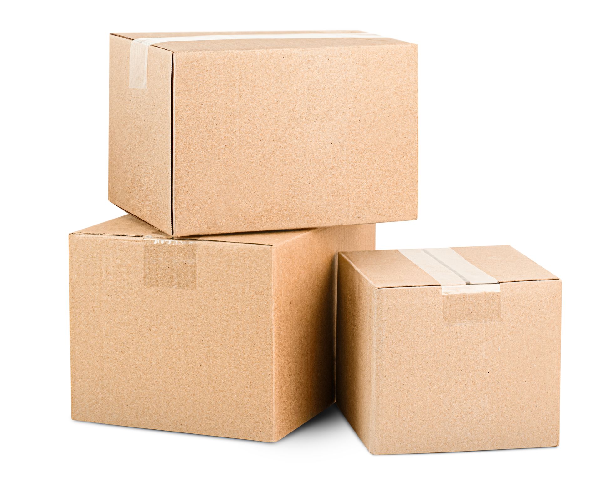 Three stacked cardboard boxes sealed with tape on a white surface.