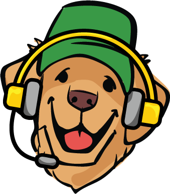 A cartoon dog wearing headphones and a green hat.