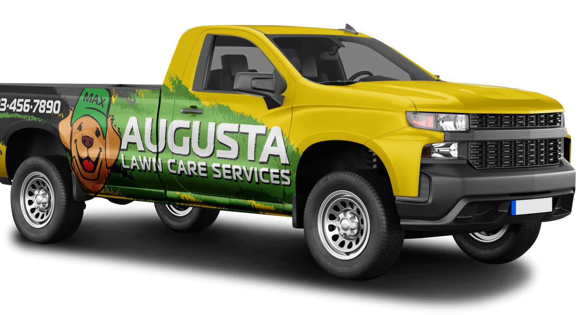Augusta Lawn Care Services Truck A yellow truck with a dog on the back is for augusta lawn care services.