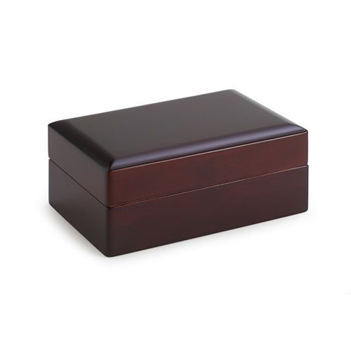 Wooden box, dark brown finish, closed.