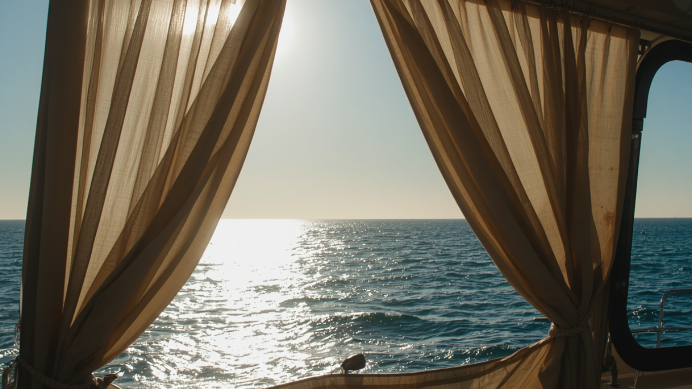 A view of a sunny, sparkling ocean seen through parted beige curtains from inside a room or boat.