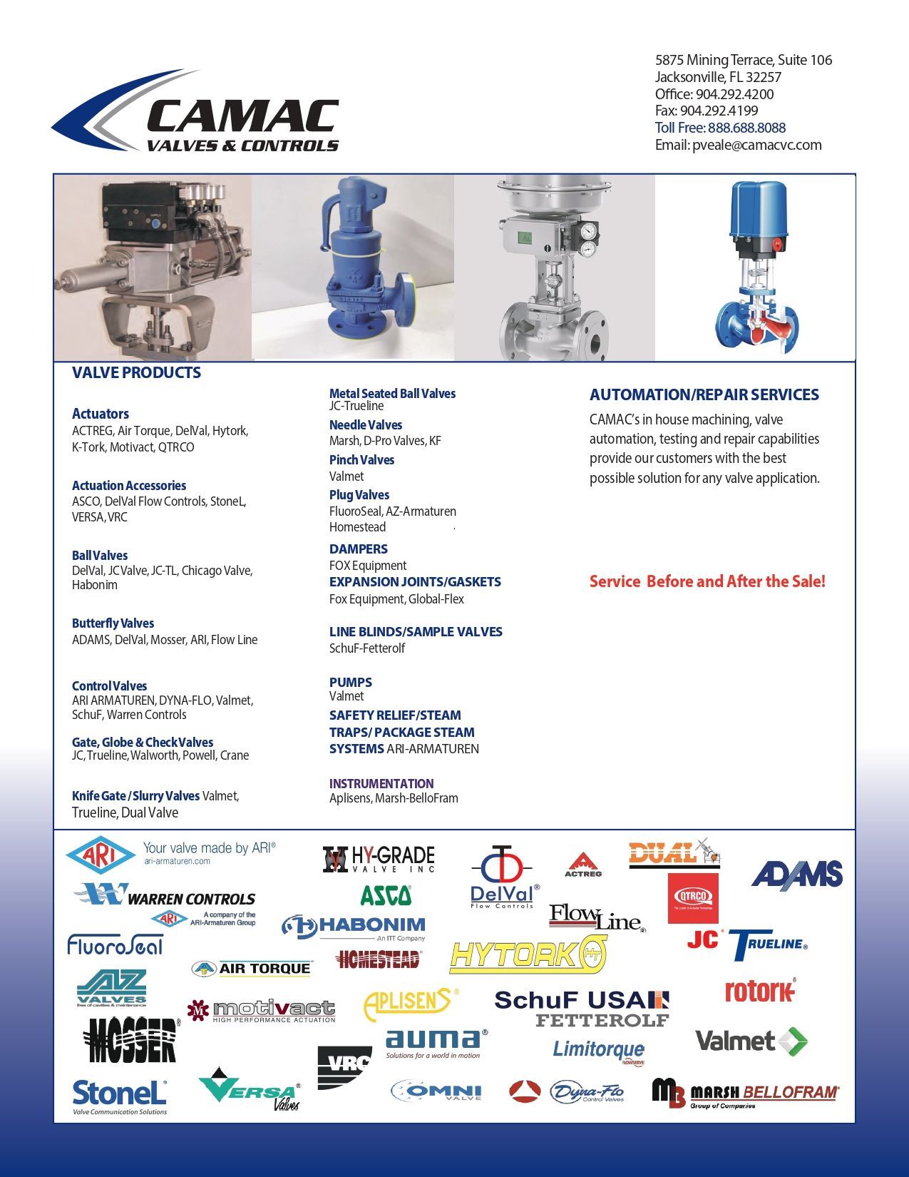 CAMAC brochure with valve product photos and company logos.