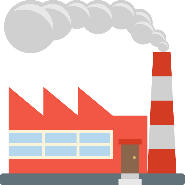 A red and white factory with smoke coming out of the chimney.