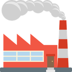 A red and white factory with smoke coming out of the chimney.