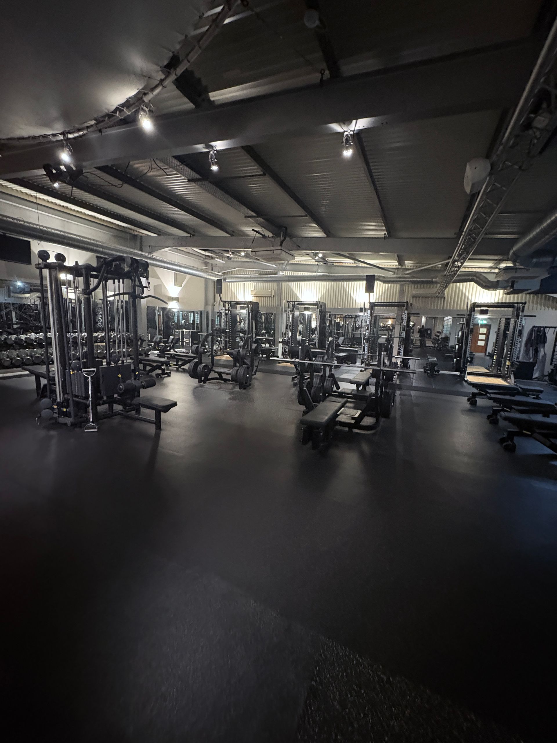 A well-lit gym with weight machines and benches, featuring a black floor and gray ceiling.