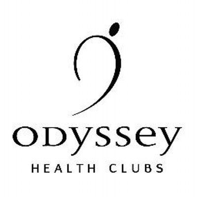 A black and white logo for odyssey health clubs.
