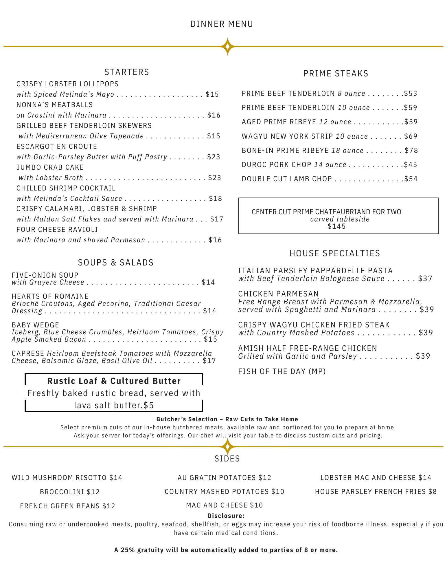 Restaurant menu with starters, mains, and sides. Features various food and drink options.