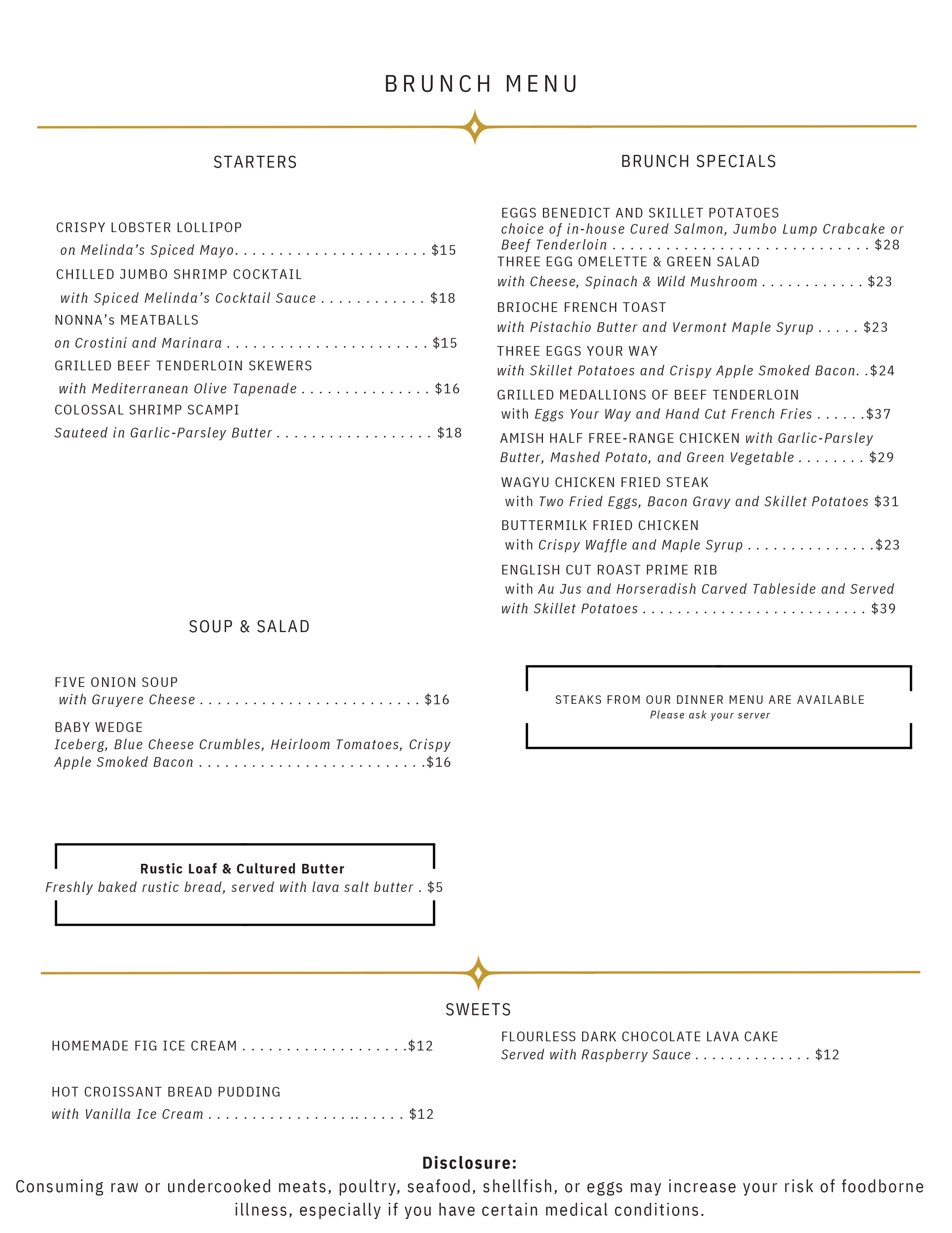 Brunch menu for Fig's Steakhouse in Tool, Texas