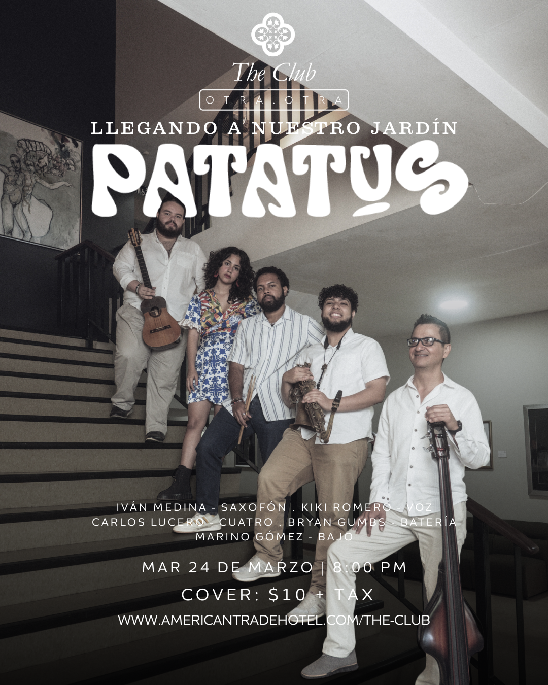 Tango Passion concert advertisement: Band with double bass, violin, accordion, and a man. Black attire.