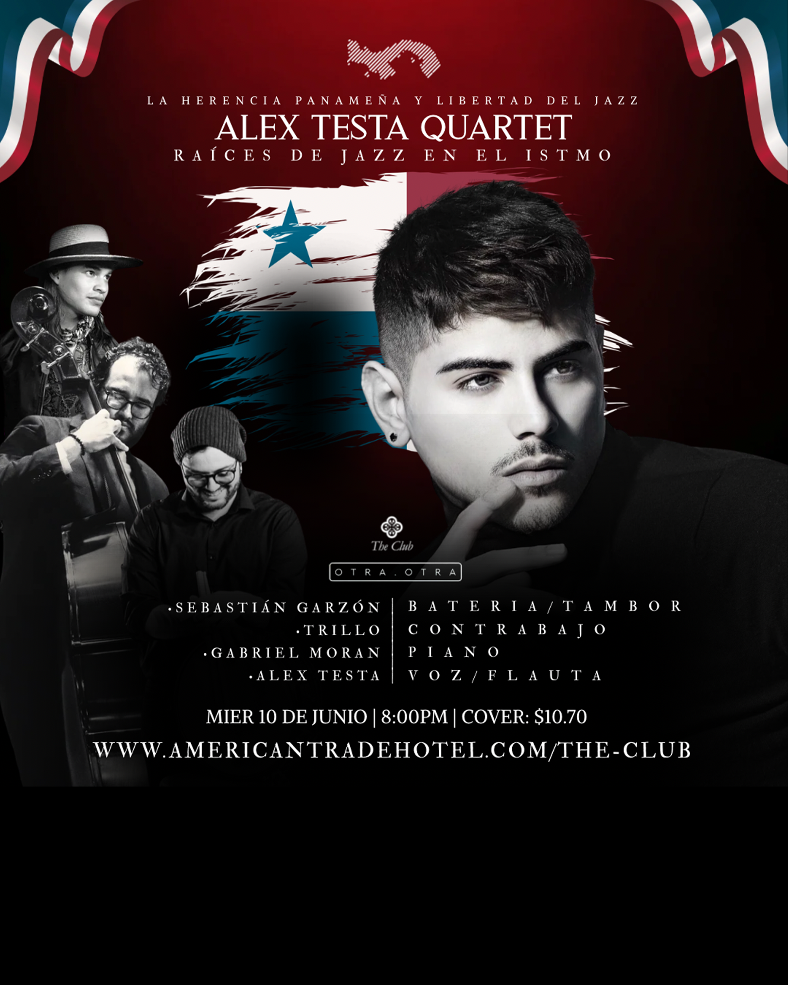 Poster: Emilio Martini & The New Quartet Ensemble performing live at The Fox. Musicians' photos surround event details.