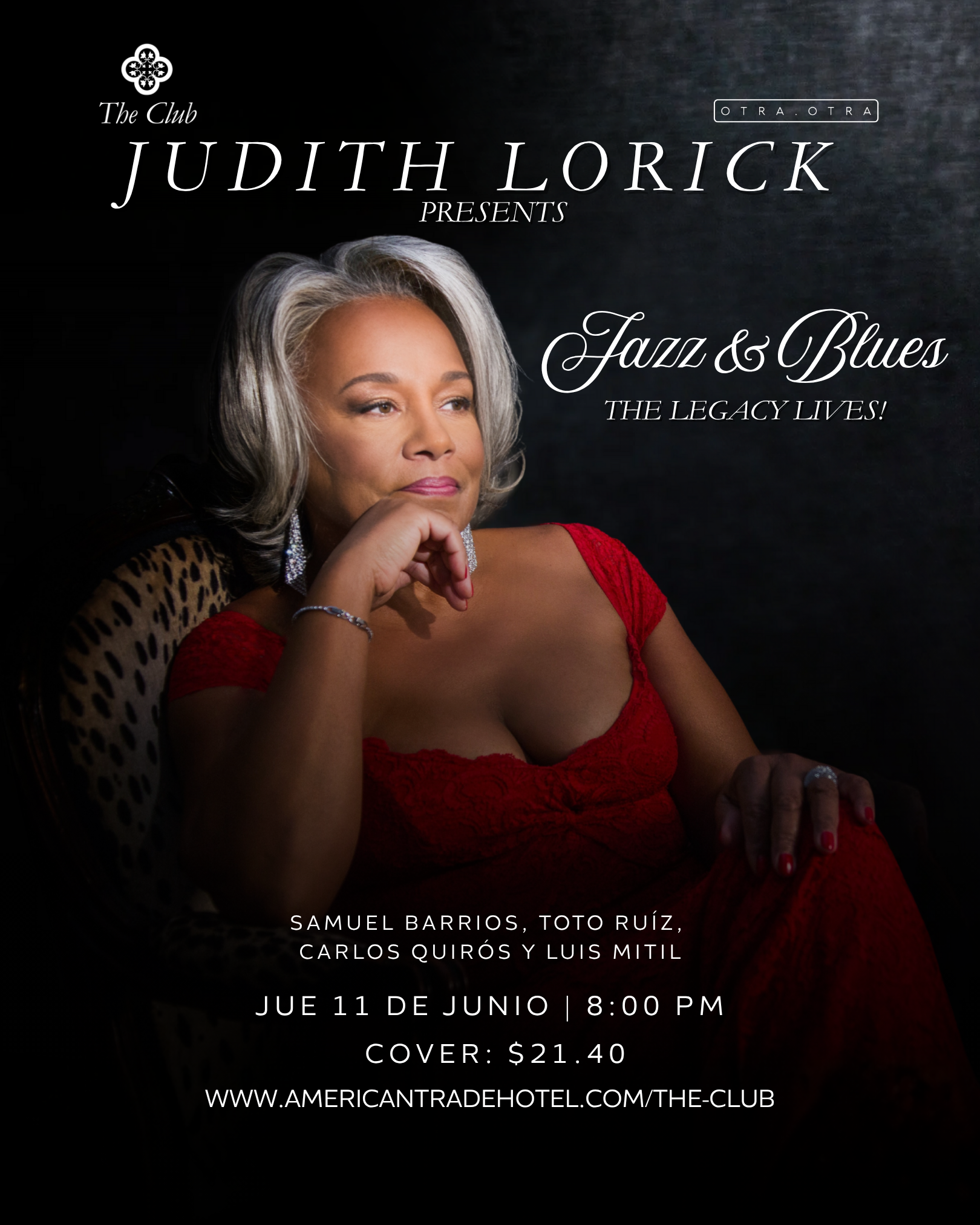 Jazz club poster: singer Geraldine Ehrman, black dress, holding a microphone.