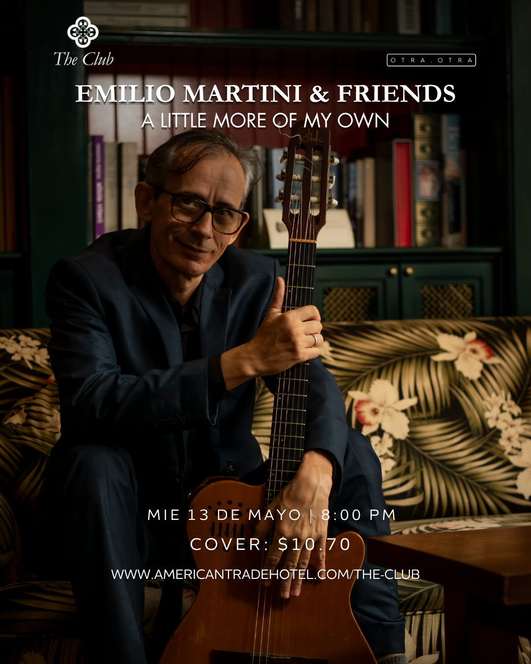 Poster: Emilio Martini & The New Quartet Ensemble performing live at The Fox. Musicians' photos surround event details.