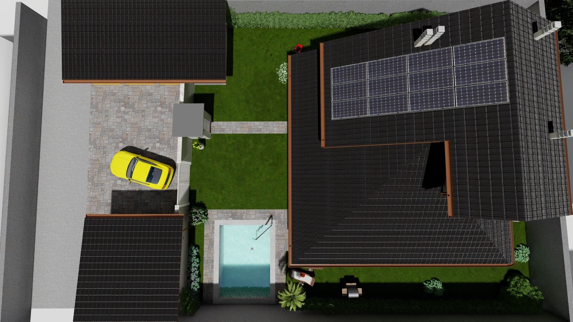 Vista aerea di una casa e del suo cortile con pannelli solari, un garage, una piscina e un'auto gialla.