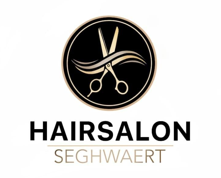 Logo van een kapsalon met schaar en haar, in zwart-goud, met de tekst 