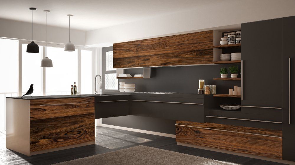 A Modern Kitchen with Wooden Cabinets and A Bird on The Counter — Bestbuy Kitchens in Yandina, QLD
