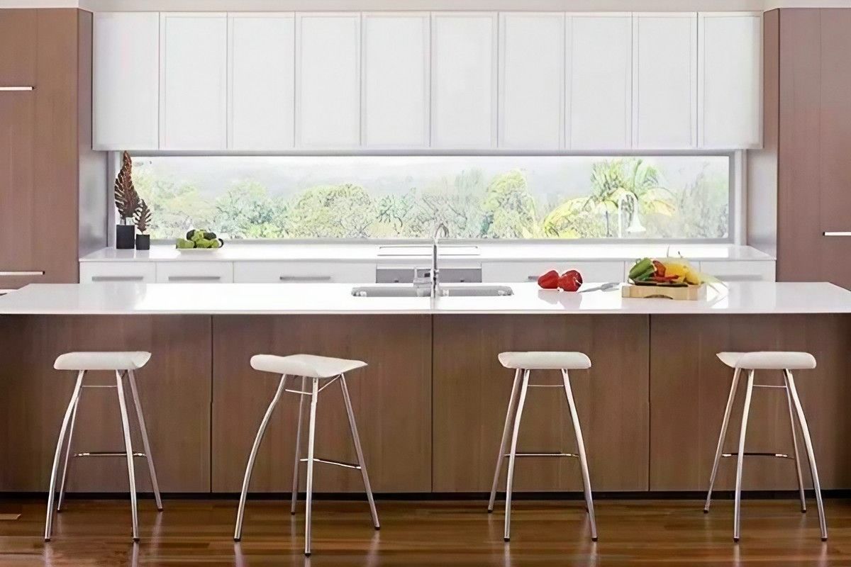 A Kitchen with Wooden Cabinets and White Counter Tops — Bestbuy Kitchens in Yandina, QLD