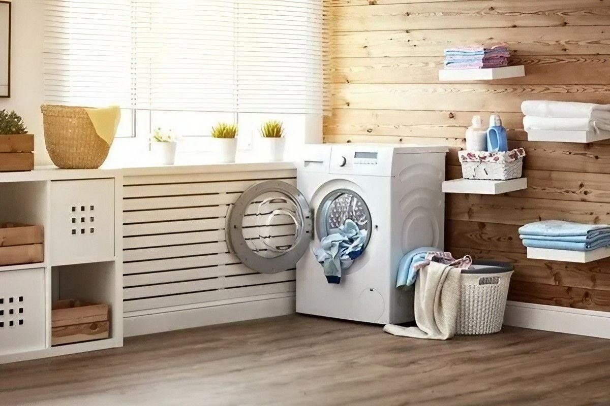 A Laundry Room with A Washing Machine and A Window — Bestbuy Kitchens in Yandina, QLD