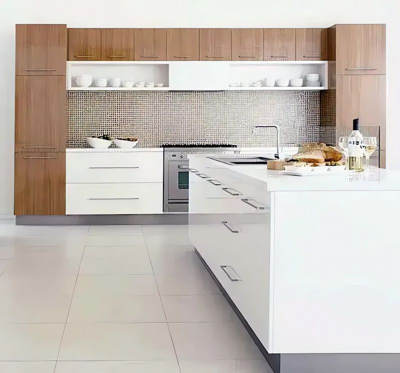 A Kitchen with White Cabinets and Wooden Cabinets — Bestbuy Kitchens in Yandina, QLD
