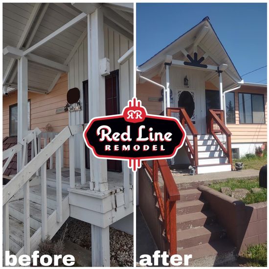 A before and after photo of a house remodeled by red line remodel