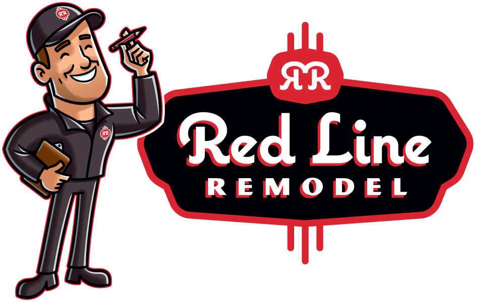 A red line remodel logo with a cartoon man holding a screwdriver and a clipboard.