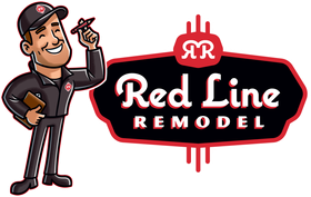 A red line remodel logo with a cartoon man holding a screwdriver and a clipboard.