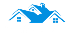 Blue house logo with windows and chimney on a white background.