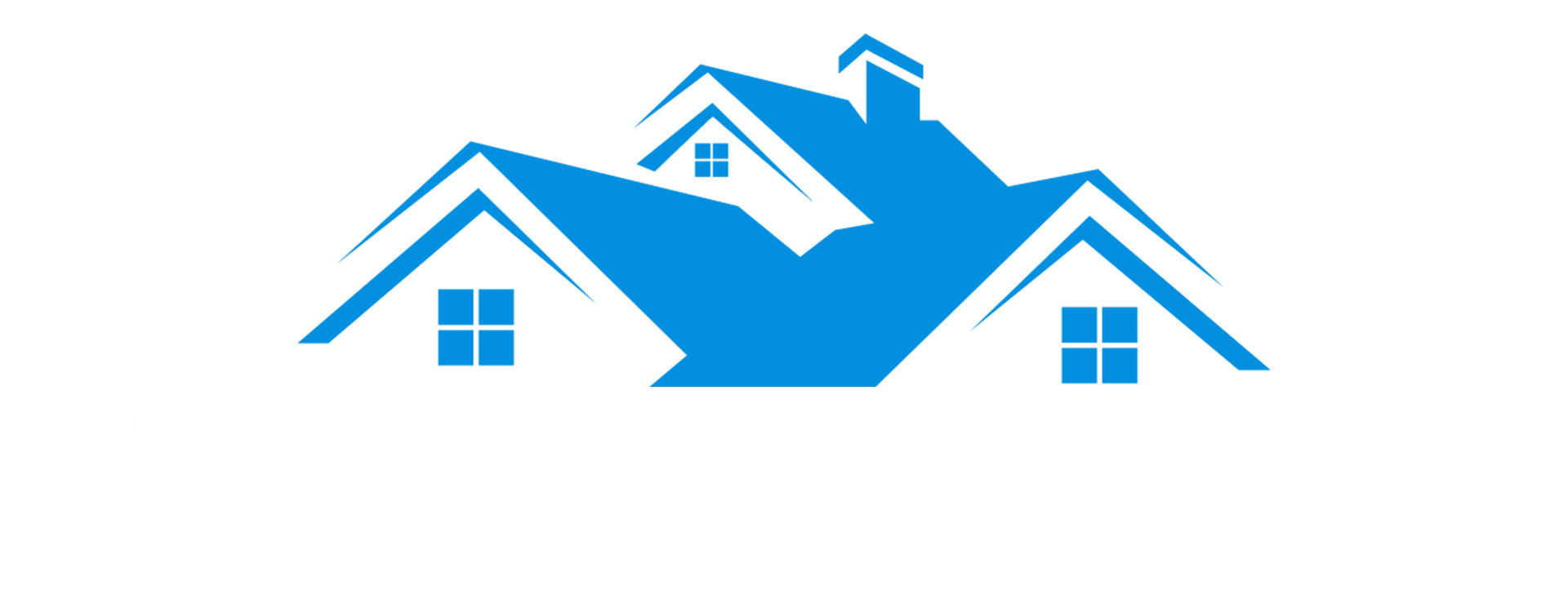 Blue house logo with windows and chimney on a white background.