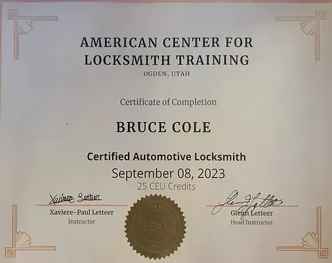 Bruce Cole American Center for Locksmith Training Certificate