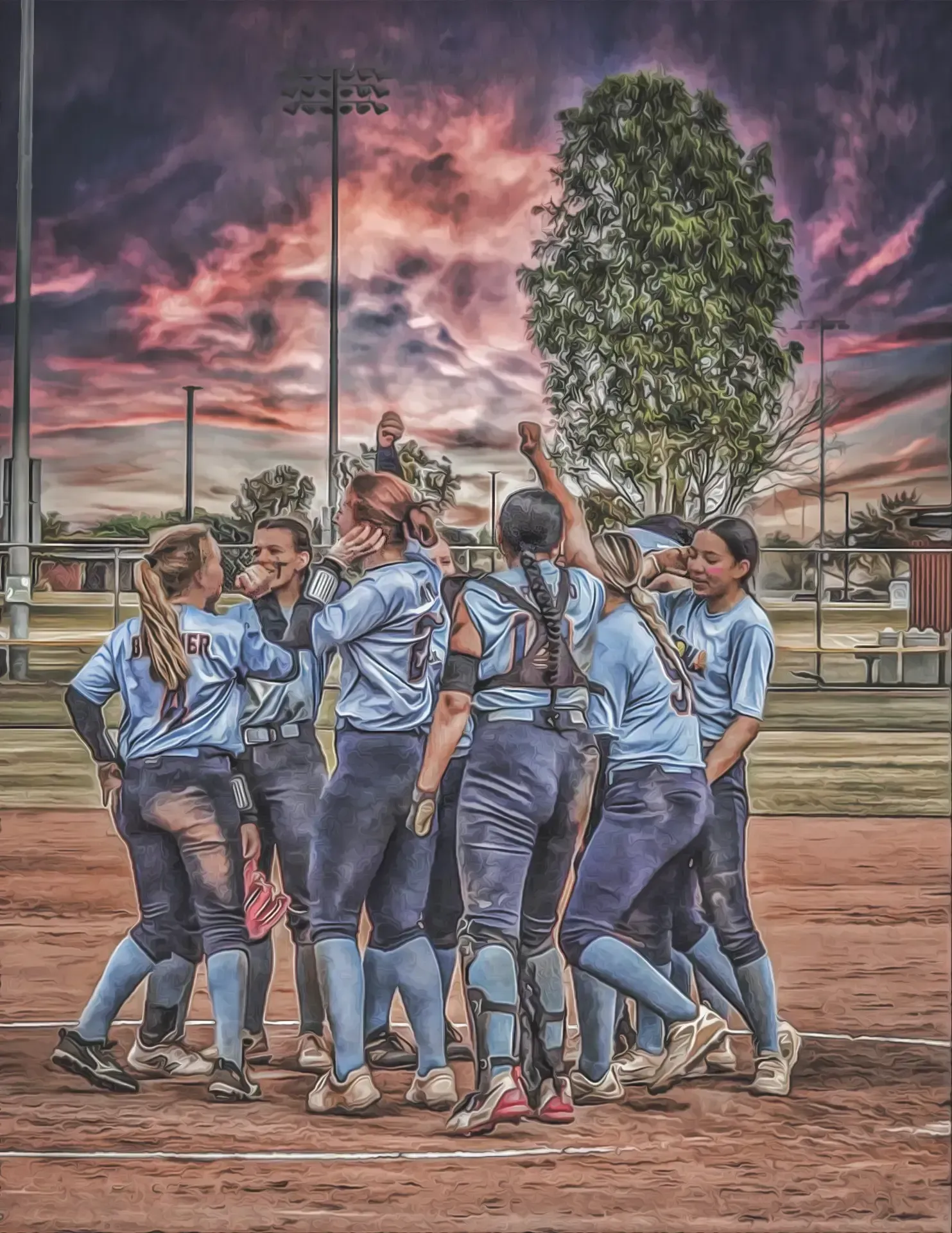 Softball team huddled on a dirt field at sunset beneath a dramatic pink-purple sky.
