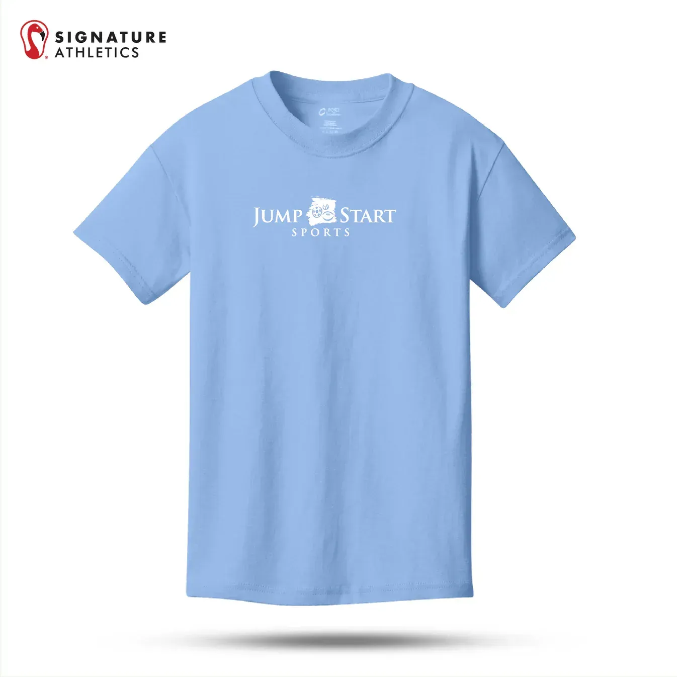 A light blue t-shirt that says jump start sports