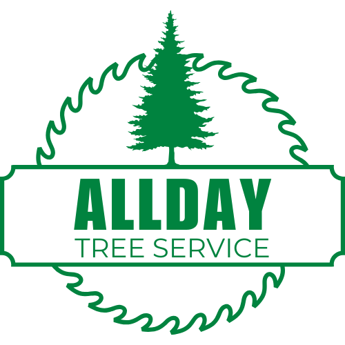 The logo for allday tree service shows a pine tree in a circle.