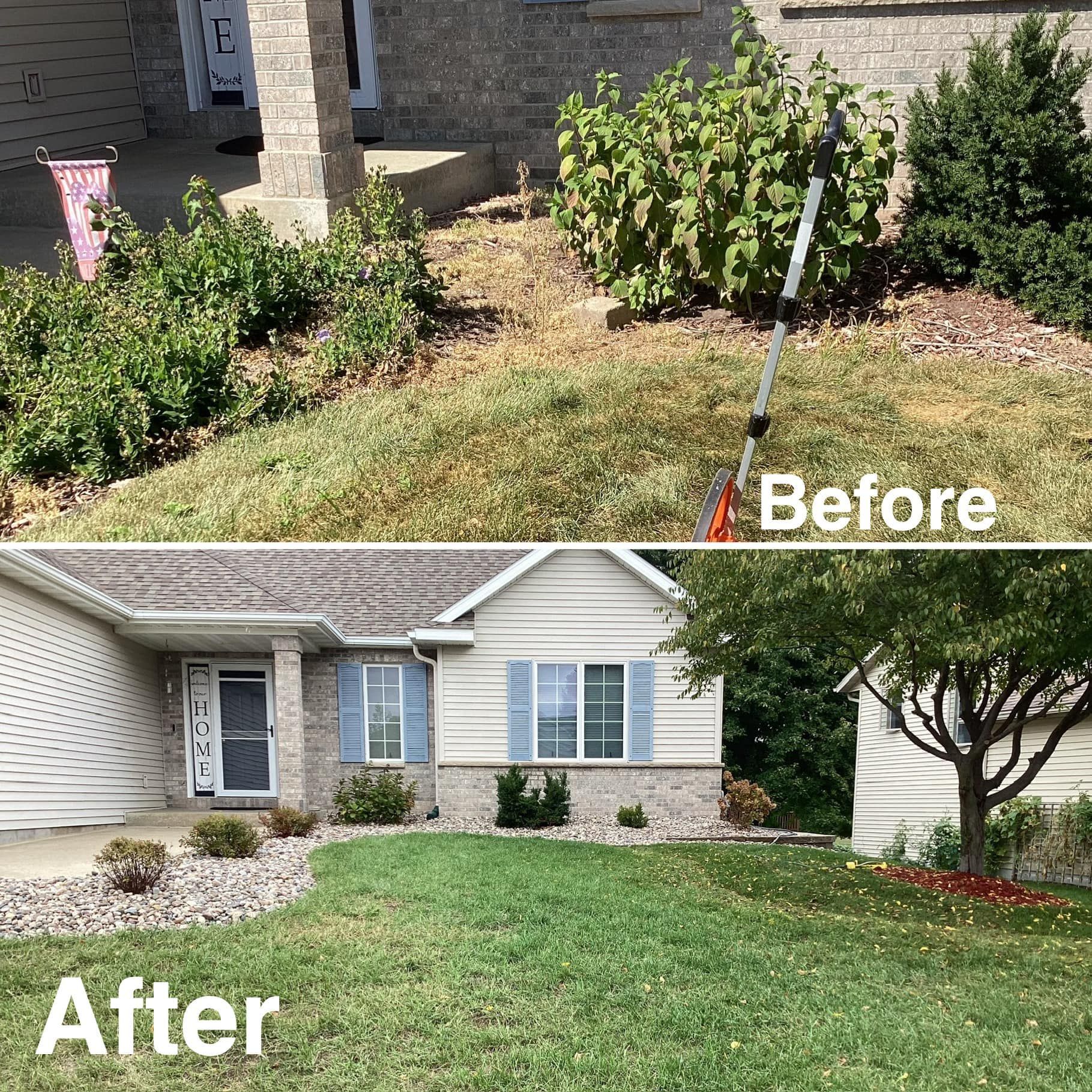 A before and after picture of a house with a lush green lawn.