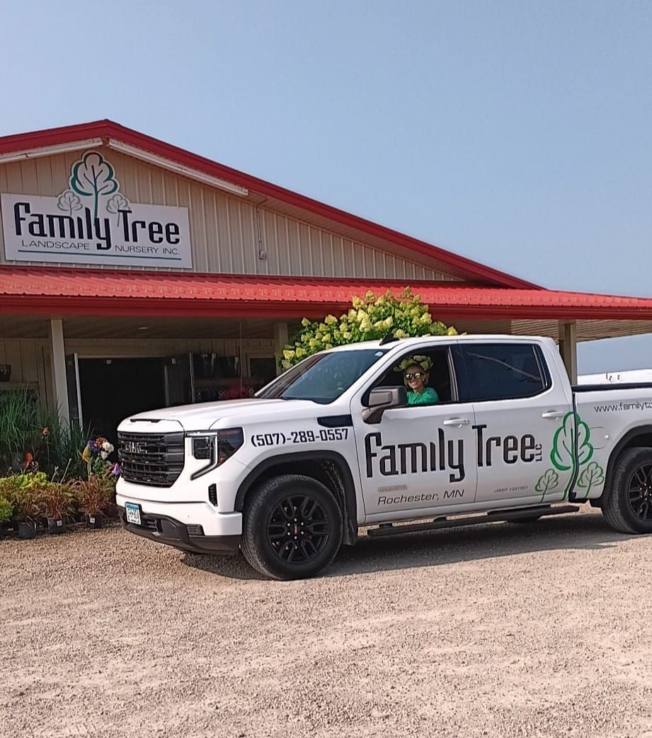 A white truck is parked in front of a family tree store.