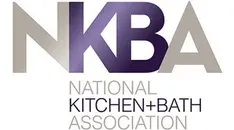 the logo for the national kitchen and bath association is purple and white .