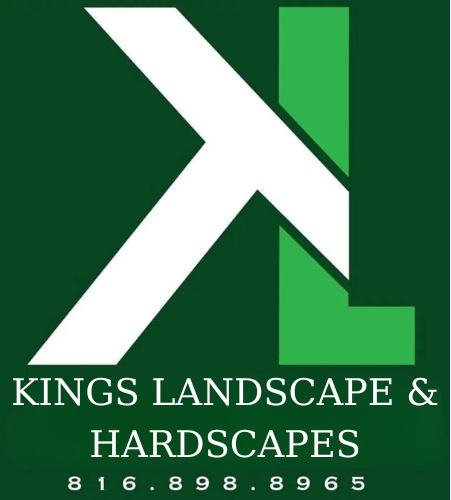 a green and white logo for kings lawn and landscape