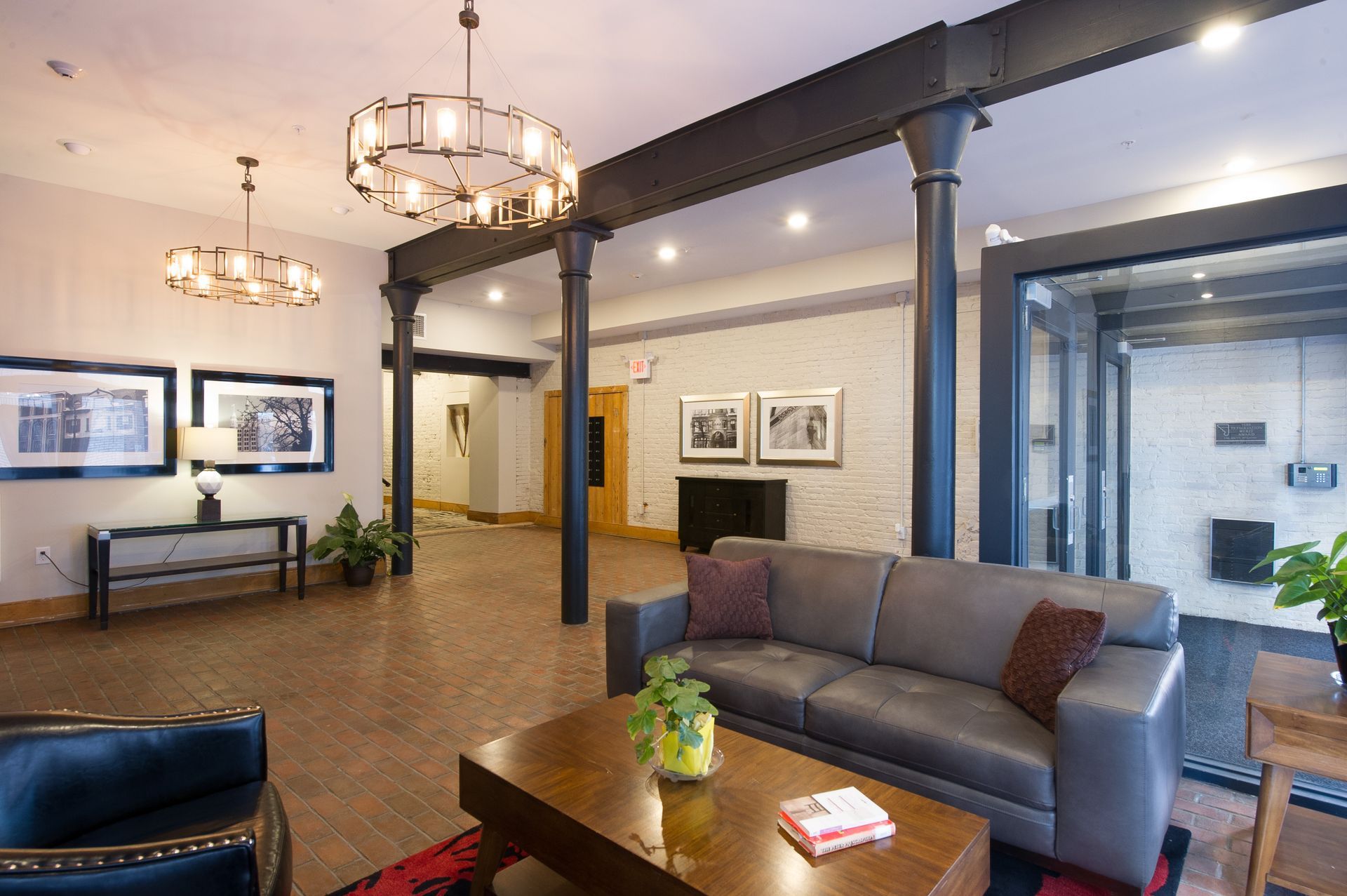 A living room with a couch and a coffee table