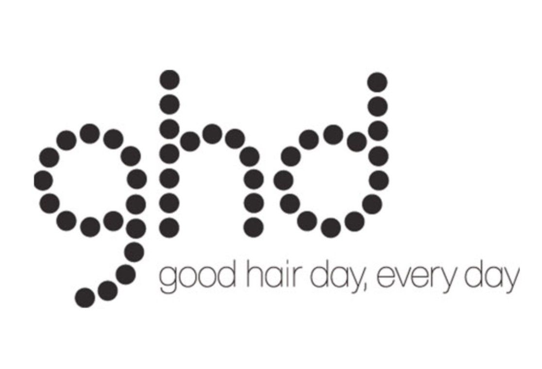 A black and white logo for ghd good hair day every day