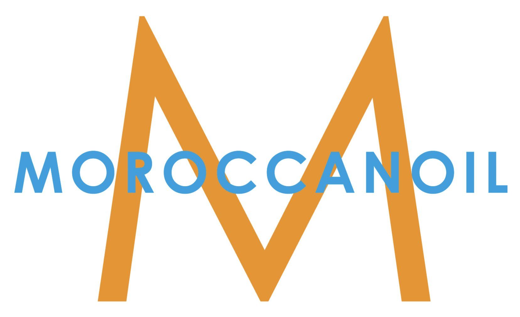 The logo for moroccanoil is orange and blue