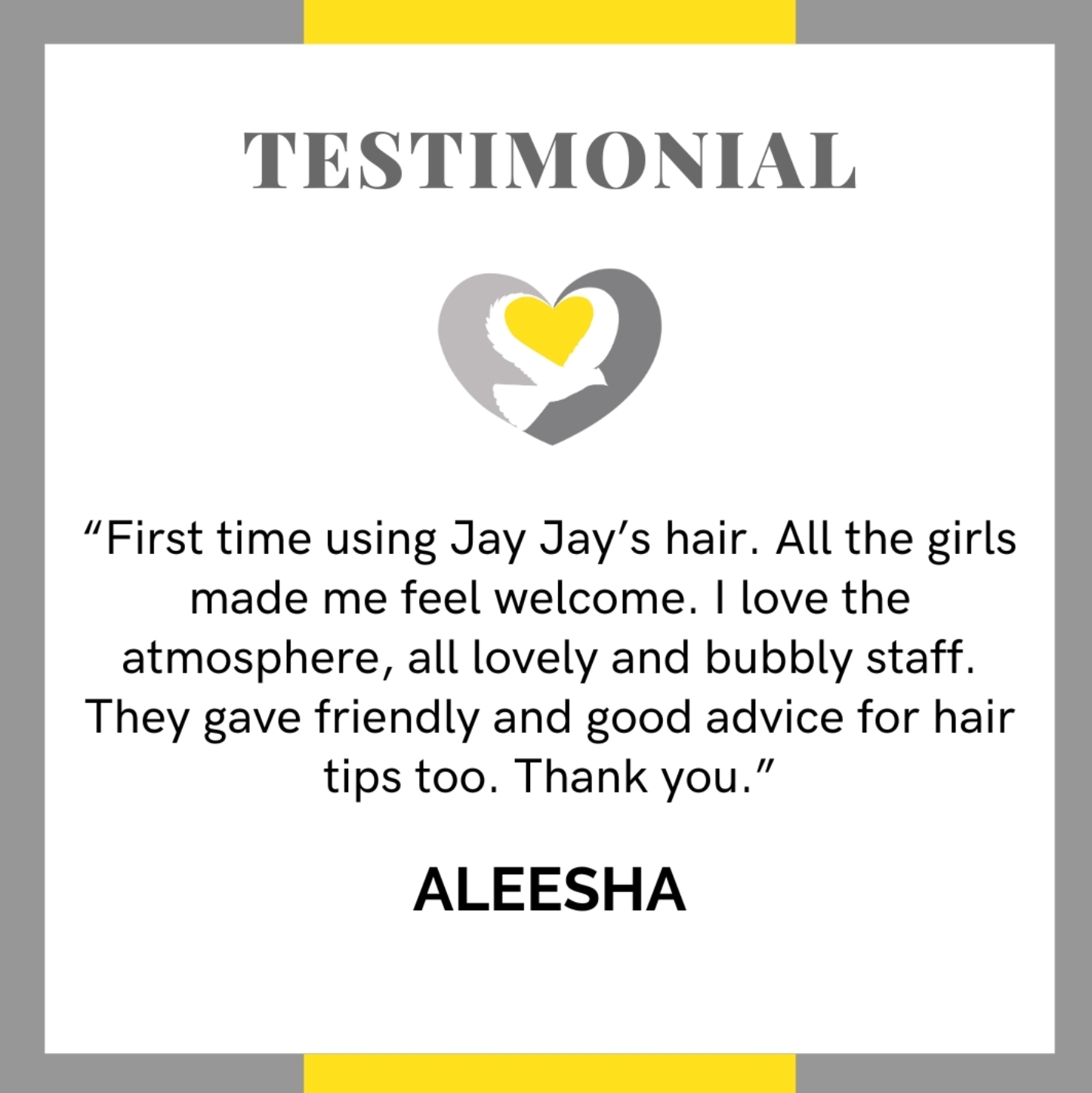 A testimonial from a customer of jay jay 's hair salon.
