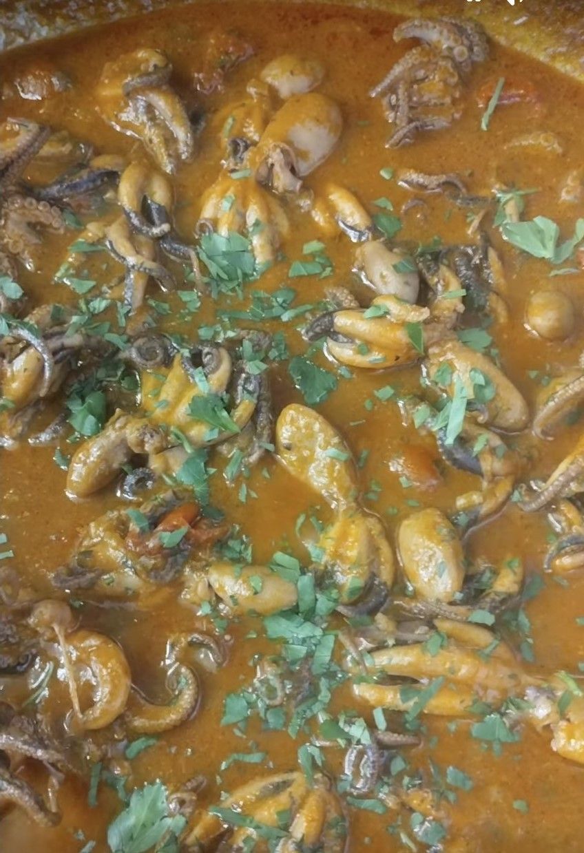 Frutti di mare in umido con cozze e calamari in salsa rosso-arancio, guarnito con prezzemolo.