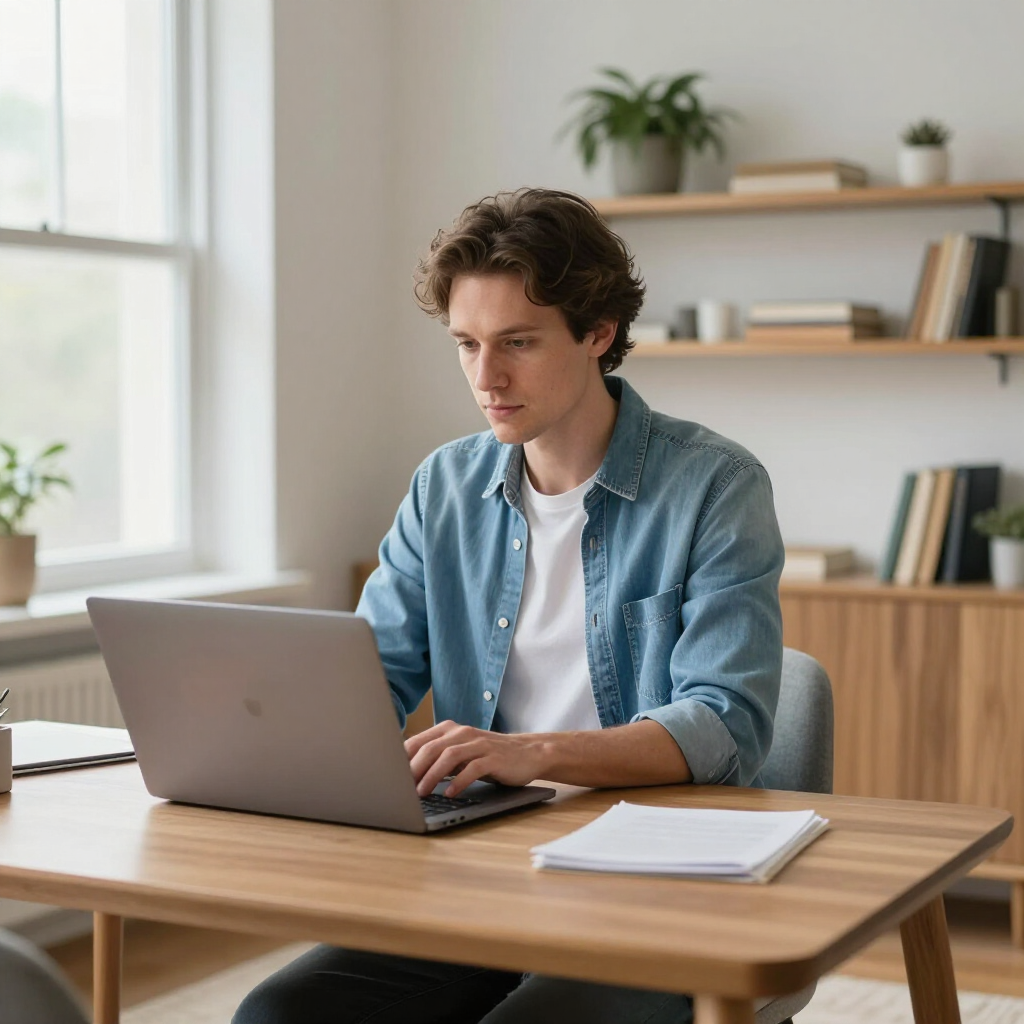 Eine Person in einem Jeanshemd tippt auf einem Laptop an einem Holzschreibtisch in einem hellen, minimalistisch eingerichteten Heimbüro.