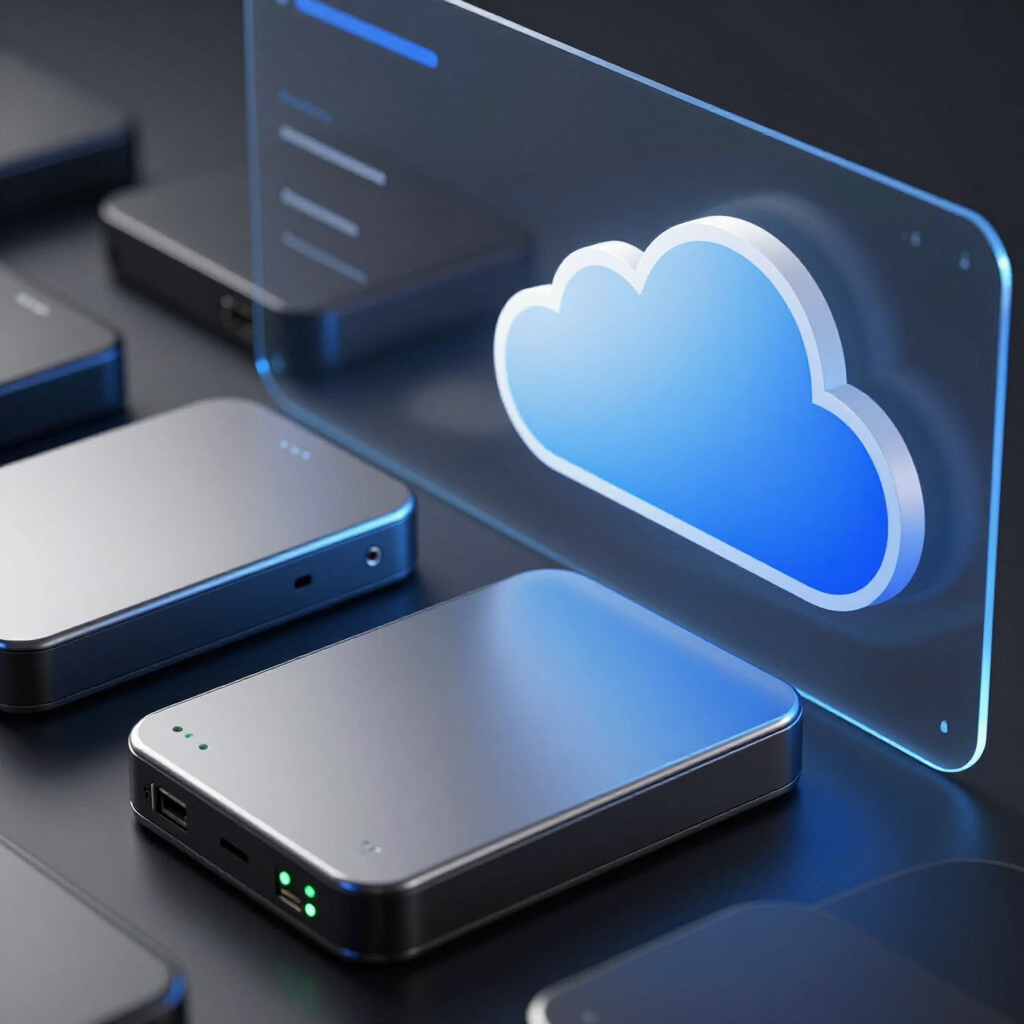 Silberne externe Festplatten sind auf einer dunklen Oberfläche angeordnet, hinter ihnen schwebt ein leuchtendes digitales Wolkensymbol.